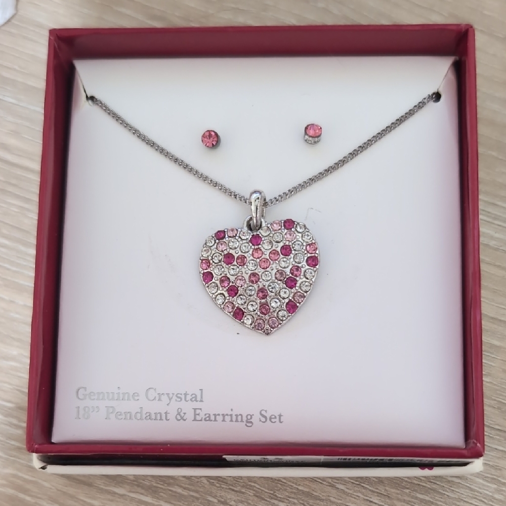 Heart Pendant and Earring Set with Pink Crystals